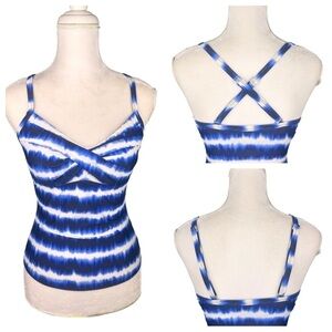 Athleta Del Mar Twister blue tie dye stripe underwire tankini swim top 32D/DD